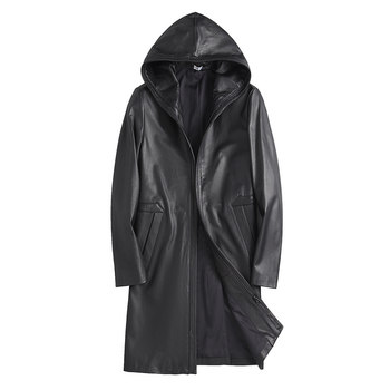 ໜັງແທ້ຂອງຜູ້ຊາຍ windbreaker hooded first-layer cowhide mid-length coat jacket casual Haining autumn and winter real leather jacket men's clothes