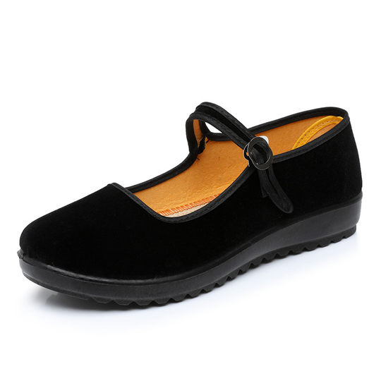 新款老北京布鞋女加绒平底上班工作鞋黑色防滑广场舞鞋妈妈鞋软底