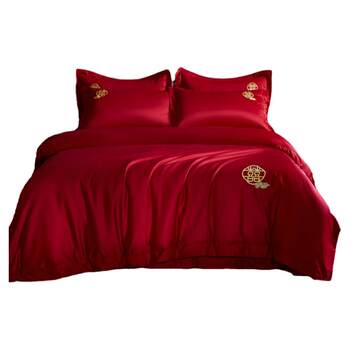 Kunhua simple double-happy long velvet cotton embroidery four-piece set