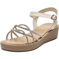 Daphne lame heel sandals for women 2024 new summer one-word rhinestone fairy style thick-soled high-heeled mothers shoes