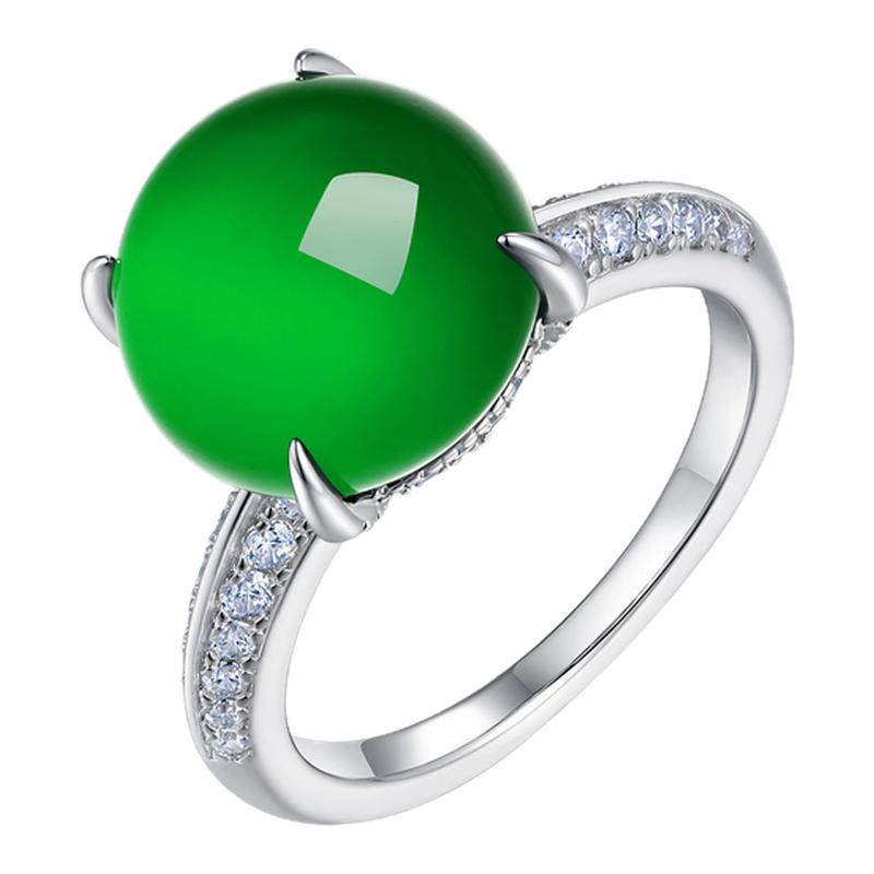 AILEQ925 silver inlaid with natural chalcedony full green niche egg ring fashion jewelry jewelry live broadcast advanced