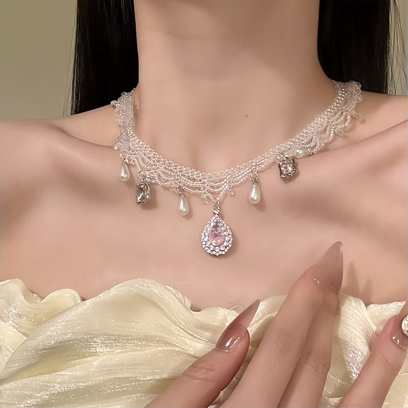 Ambitious Home Original "Love Contract" Sweet and Delicate Crystal Lace Necklace, Super Fairy-like Layered Collarbone Chain Necklace