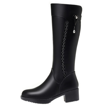 Genuine leather mid-calf boots thickened wool high boots mother's shoes