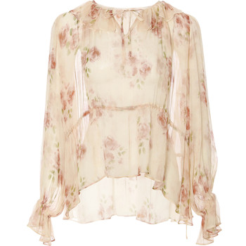 ຕັ້ງແຕ່ນັ້ນມາ rayon ຄໍ v-neck ruffled floral ການອອກແບບວ່າງຄວາມຮູ້ສຶກຂອງການໃສ່ເທິງແຂນຍາວສໍາລັບການພັກຜ່ອນຊາແມ່ຍິງ summer.