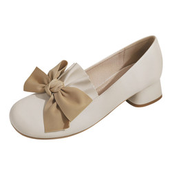 ຮຸ່ນ Sheepskin ~ ພາກຮຽນ spring ແບບໃຫມ່ຕ່ໍາ heel ຫນາ heel ຕອນແລງແບບ fairy ອ່ອນໂຍນກັບ skirt bow lady ເກີບດຽວສໍາລັບແມ່ຍິງ