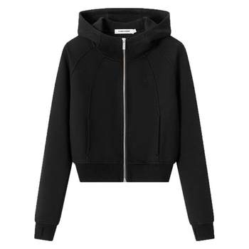 Climax vision short waisted velvet zipper cardigan hooded sweatshirt/three-dimensional cut straight sweatpants