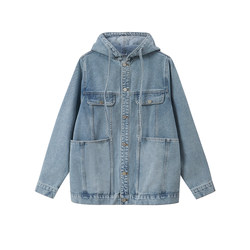 Masxi slightly fat size oversize hooded denim jacket female spring fat MM loose and thin casual top