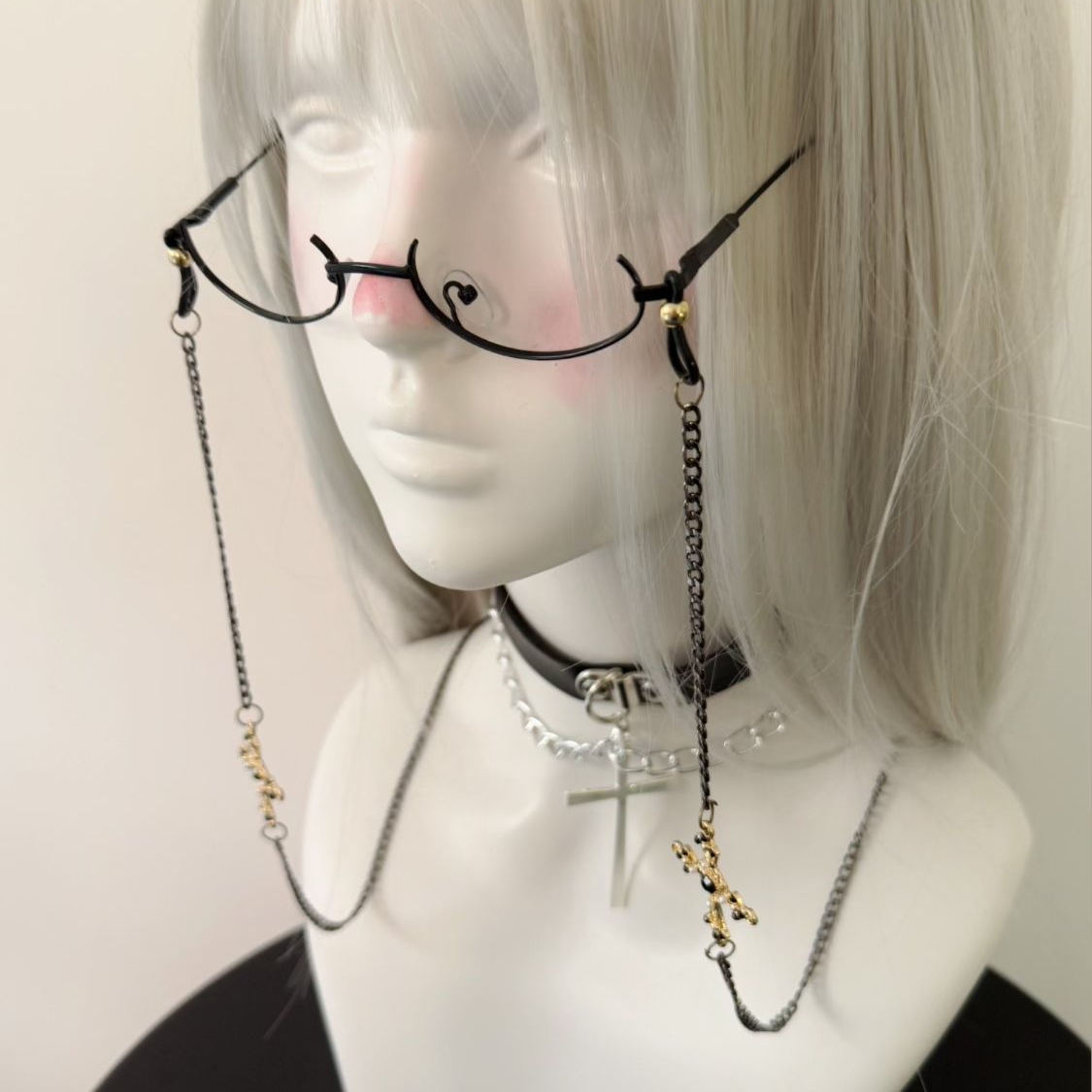 Subculture Original Handmade Dark Subculture Cross Eyeglasses Chain Gothic Teen Half-rim Glasses Retro Photography