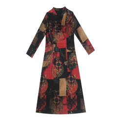 Fashionable mother's dress improved version of cheongsam skirt mid-length spring and autumn new long-sleeved dress covering belly and slimming bottoming skirt