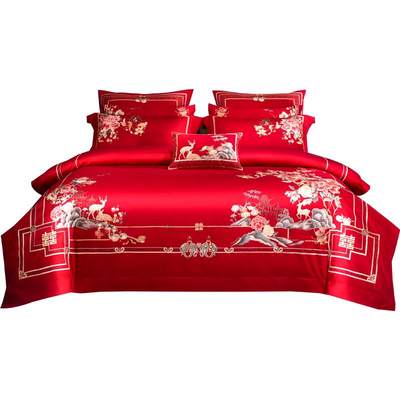 Wedding four-piece set newlywed red embroidery high-end wedding bedding pure cotton cotton wedding 10-piece bedding