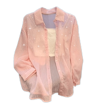 Hot Diamond Striped Sun Protection Shirt Womens Summer Lightweight Ice Silk Shirt French High-Quality Air Conditioning Blouse Top Cardigan