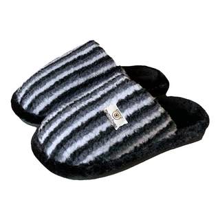 细细条 包头防滑情侣冬季休闲家居毛毛鞋日系拼色条纹棉拖鞋男女