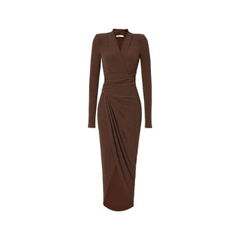 XULU ຕົ້ນດູໃບໄມ້ລົ່ນຕົ້ນດູໃບໄມ້ລົ່ນແສງສະຫວ່າງ temperament knitted slim-fitting ສິ້ນໄຫມສົດໃສສູງ pleated ແຂນຍາວ dress retro ຄໍ V