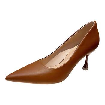 Temperament pointed toe shallow mouth shoes high-heel shoes for women 2024 new spring and summer soft leather commuting brown stiletto mid-heel single shoes for women