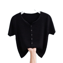 High-end black ice silk short-sleeved V-neck top T-shirt for women summer thin slim fit versatile knitted cardigan