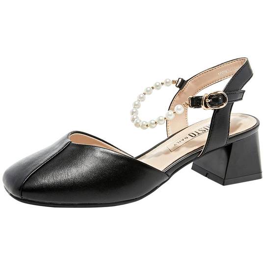 大东后空凉鞋女鞋2025夏新款法式优雅粗跟中跟方头一字扣女鞋3456