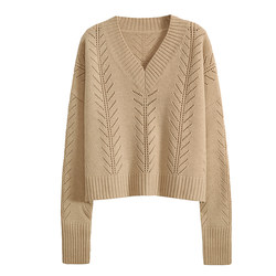 APCSHOP cashmere 2023 ໃໝ່ retro knitted threaded hollow pullover sweater women's neck V-neck pure cashmere sweater