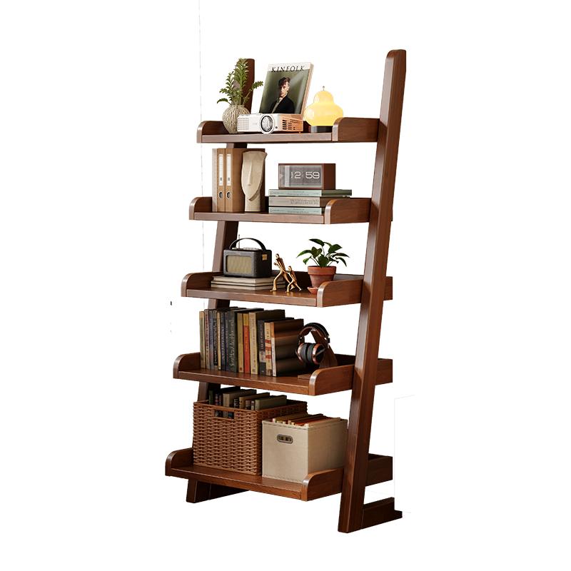 Solid wood bookshelf, floor-to-ceiling storage rack, light luxury mid-century style bookcase displayed next to the wall-mounted trapezoidal storage TV cabinet in the living room