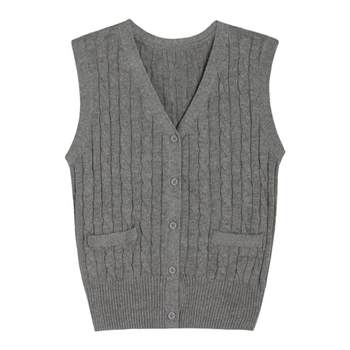 pusumede ສີເທົາບິດຄໍ V-sweater vest ຂອງແມ່ຍິງພາກຮຽນ spring cardigan ແລະດູໃບໄມ້ລົ່ນ layered waistcoat knitted vest ເທິງ