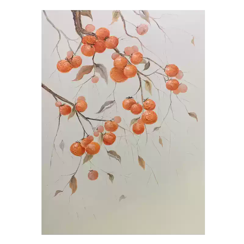 手绘柿子油画柿柿如意现代简约玄关装饰画新中式客厅餐厅挂画原创-淘宝