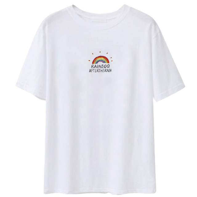 Short sleeve white rainbow cotton t-shirt women's round neck top
