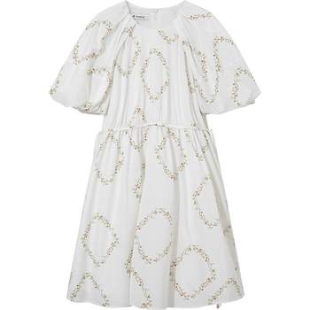 New summer style women's floral white geometric arrangement waist side lace-up pleated dress