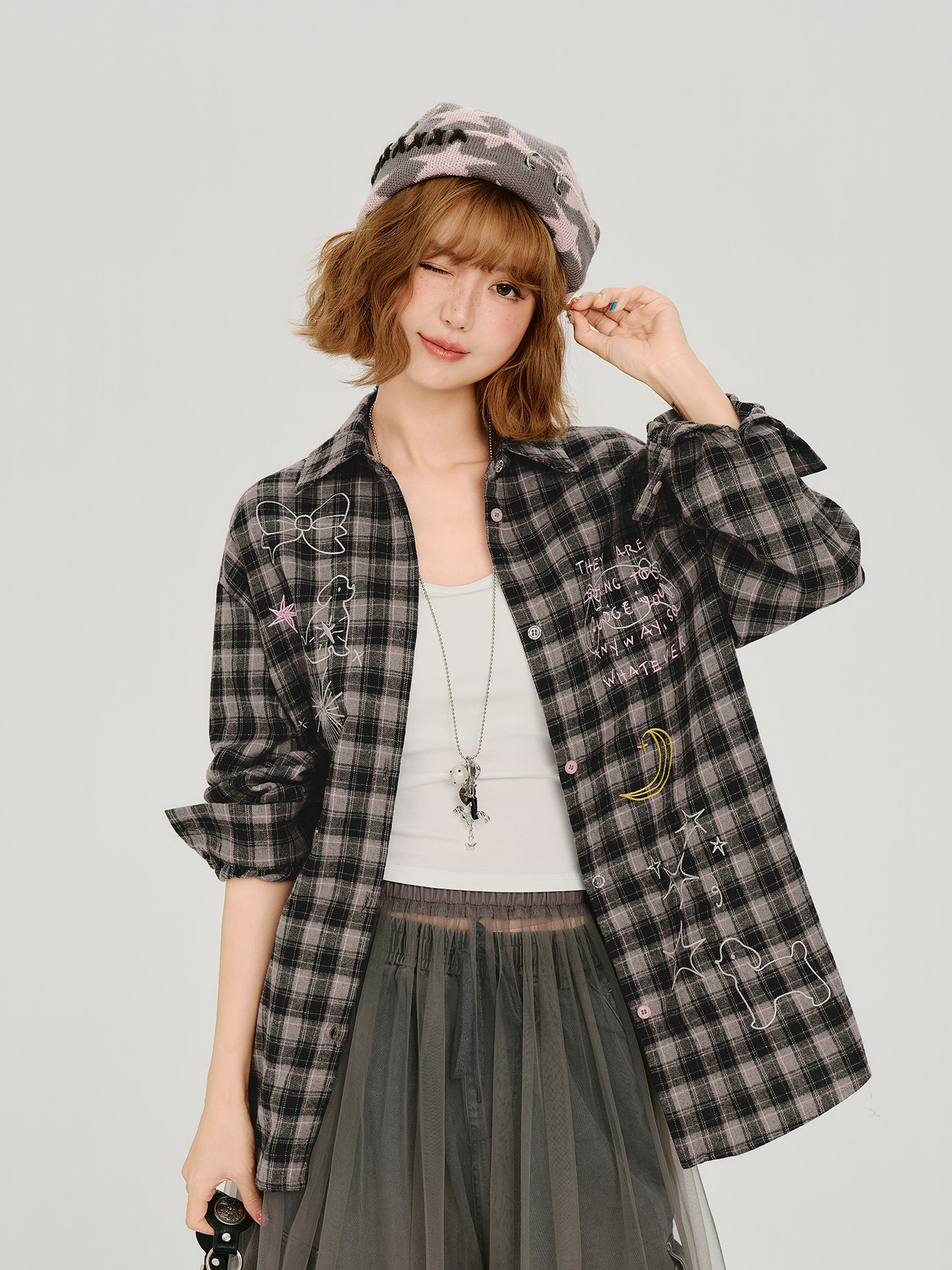 Girlyhalo American Retro Embroidered Plaid Long-Sleeved Shirt Jacket Women's Autumn New Style Lapel Loose Shirt