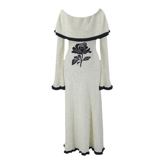 SYT自制 大圆领围脖花朵羊毛针织连衣裙女冬喇叭袖收腰A型修身裙