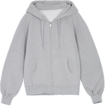 Gray mid-length sweatshirt jacket covers the buttocks and looks slimming. New spring and autumn loose and lazy style zipper hooded cardigan.