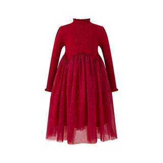 Little Naive儿童复古针织连衣裙冬季加绒纱裙女童红色拜年服裙子