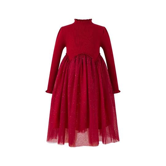 Little Naive儿童复古针织连衣裙冬季加绒纱裙女童红色拜年服裙子