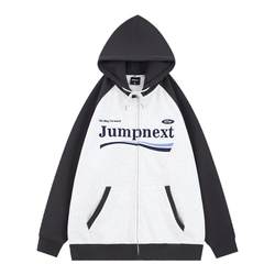 JUMPNEXT ຍີ່ຫໍ້ແຟຊັນແຫ່ງຊາດລະດູໃບໄມ້ຫຼົ່ນແລະລະດູຫນາວທີ່ມີເສື້ອຢືດ cardigan hooded sweatshirt ສໍາລັບຜູ້ຊາຍແລະແມ່ຍິງ embroidered retro splicing jackets ຄູ່ໃນສີທີ່ກົງກັນຂ້າມ