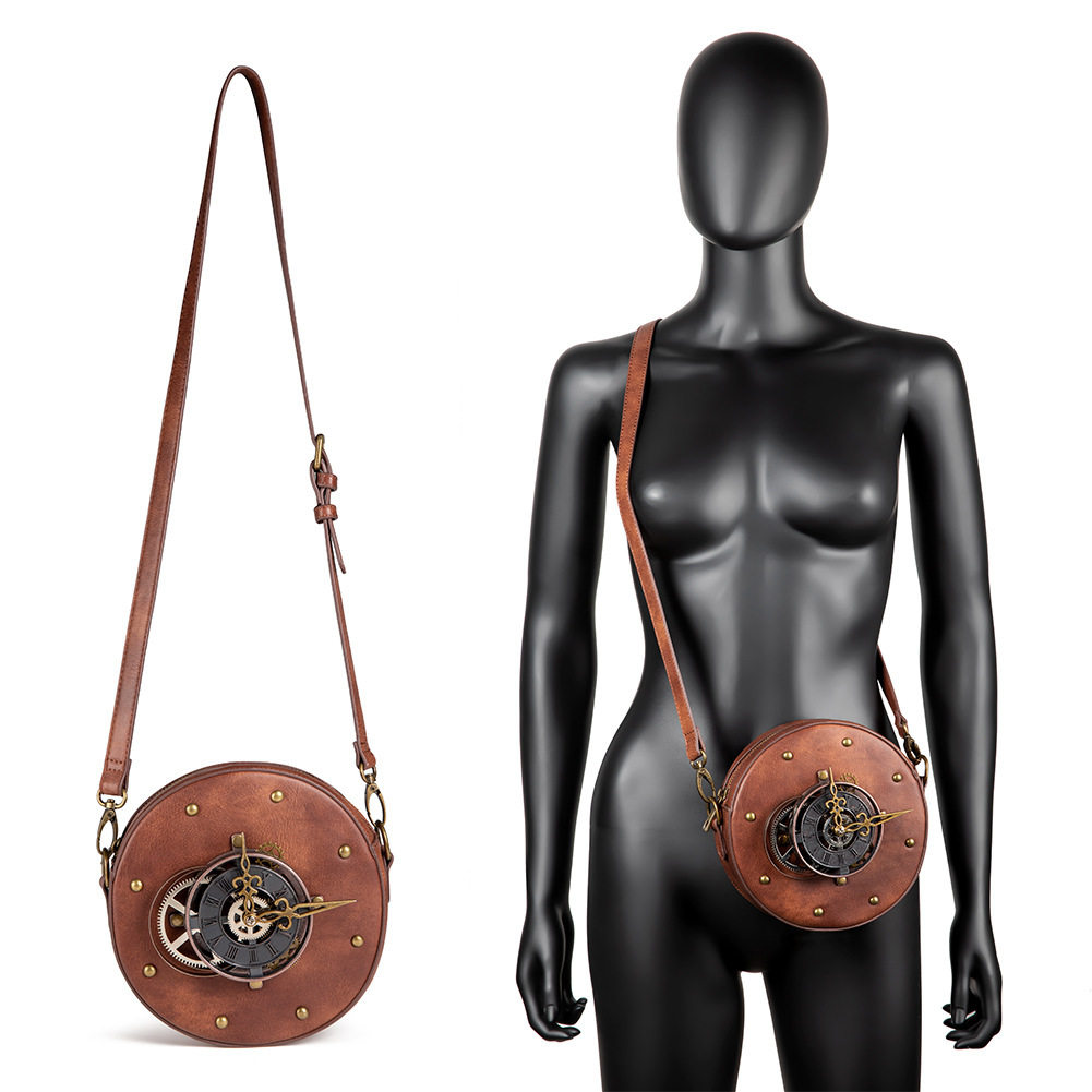 European and American medieval retro round mechanical clock shoulder bag, punk Harley rider studded phone bag