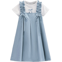 Girls suspender skirt suit summer dress 2024 new childrens pure cotton short-sleeved suspender skirt two-piece summer thin style