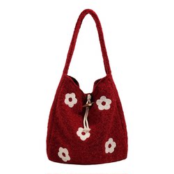 Bags for Women 2026 Spring New Vintage Floral Plush Tote Bag Sweet Niche Shoulder Bag Red Bag