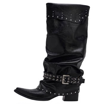 Mollynne Original Design Long Boots for Women, Punk Style Black Mid-Calf Fashion Boots, Women's Pointed Toe Slouchy Boots
