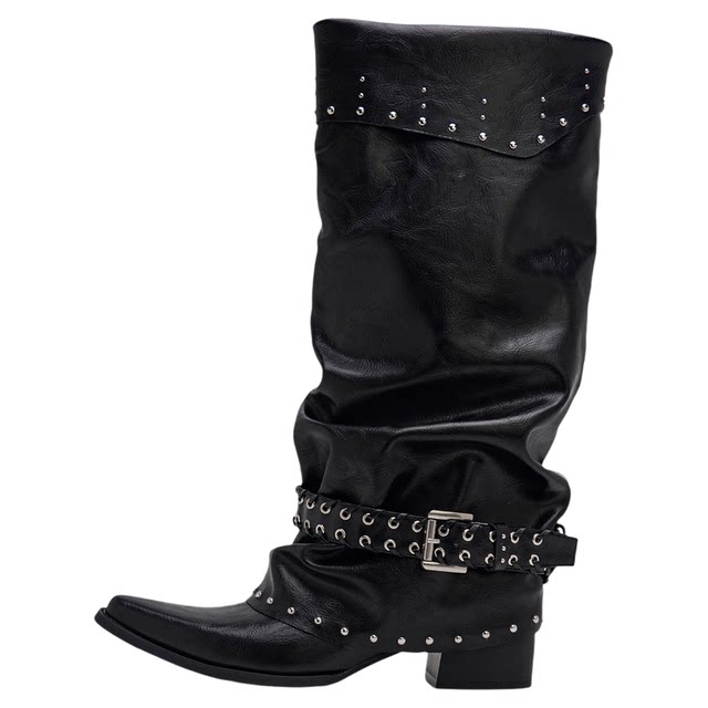 Mollynne Original Design Long Boots Women's Punk Style Black Mid-calf Fashion Boots Women's Pointed Toe Stacked Boots