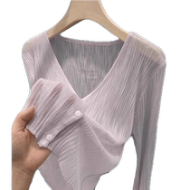 Tencel sun protection cardigan womens summer thin style with suspender skirt V-neck air conditioning blouse womens slightly see-through knitted shawl