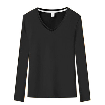 Solid Color Black Base Shirt for Women, Long-Sleeved T-Shirt with V-Neck, Slim Fit, Cotton Inner Layer, Close-Fitting, Large Neckline, Autumn and Winter White
