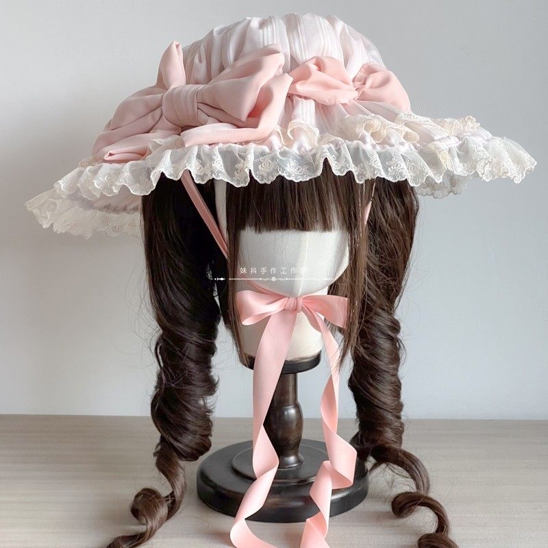 【MAID】Original Handmade Lolita Umbrella Hat Antique Doll Wall Striped Lace Hat