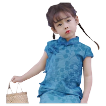Girls cheongsam summer little girl blue Republic of China retro baby Chinese style improved performance costume childrens Hanfu skirt