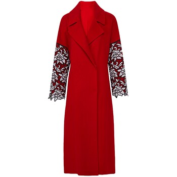 马天奴秋冬新款红色翻领绣花大衣羊毛保暖长款气质设计感洋气外套