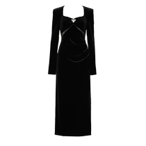 DPLAY2024 Winter New Lazy Style Black Square Neck Pearl Velvet Dress Long Sleeve Long Dress for Women
