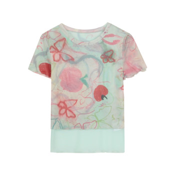 Apple butterfly graffiti double layer mesh ເສື້ອຍືດແຂນສັ້ນ