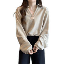 Waffle polo collar short sweatshirt for women spring and autumn new drawstring waist loose slimming v-neck long-sleeved T-shirt top