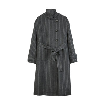 BLUEerror loose wool striped quilted cotton waisted coat for women autumn and winter thickened woolen coat