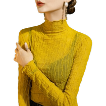 High collar lace bottoming shirt for women to wear with autumn and winter style sexy gauze coffee color elastic plus velvet thickened mesh top