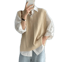 V-neck knitted vest for women in spring and summer sweater vest stacked vest sleeveless top two-piece shirt set