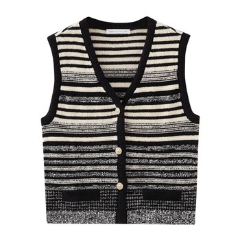 Shuiyunjian women's v-neck slim simple striped fashion knitted cardigan vest 2025 spring new style