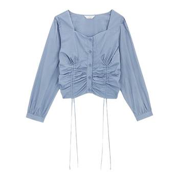 GOFAR outline casual fashion shirt women's square collar temperament thin drawstring top ແບບໃຫມ່ 28914